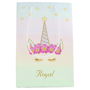 Royal Unicorn, Flowers & Stars on Pastel Colors Medium Gift Bag