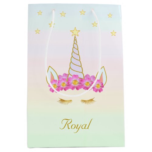Royal Unicorn Flowers  Stars on Pastel Colors Medium Gift Bag