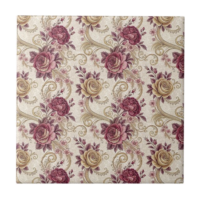 Royal Victorian Roses - Burgundy Floral Pattern Ceramic Tile (Front)