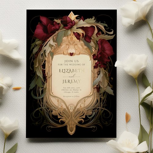 Royal Victorian Wedding Maroon Floral Ornaments Foil Invitation