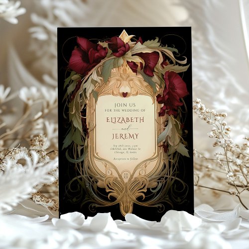 Royal Victorian Wedding Maroon Floral Ornaments Invitation