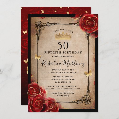 Royal Vintage Red Rose Gold Elegant Birthday Invitation