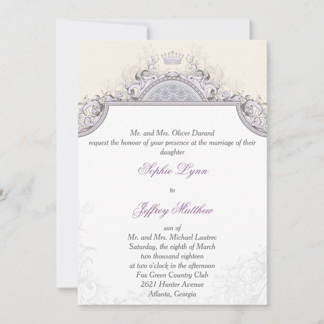 Royal Vintage Wedding Invitation Scrolls and Crown (Front)