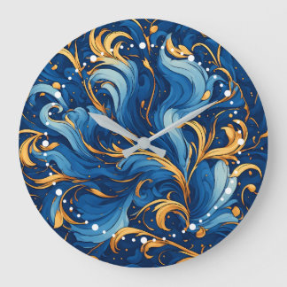Royal Waves of Whimsy Swirls of Blue & Gold Large Clock
