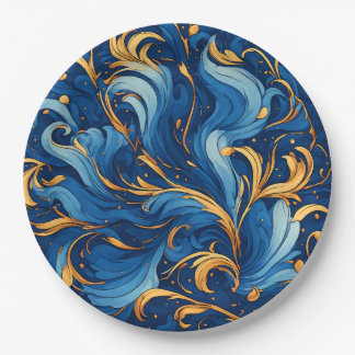 Royal Waves of Whimsy Swirls of Blue & Gold Paper Plates