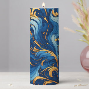 Royal Waves of Whimsy Swirls of Blue & Gold Pillar Candle