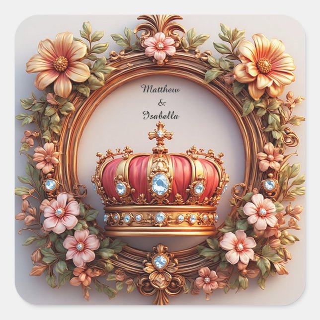 Royal Wedding Crown Frame Adorned With Diamonds Square Sticker (Front)