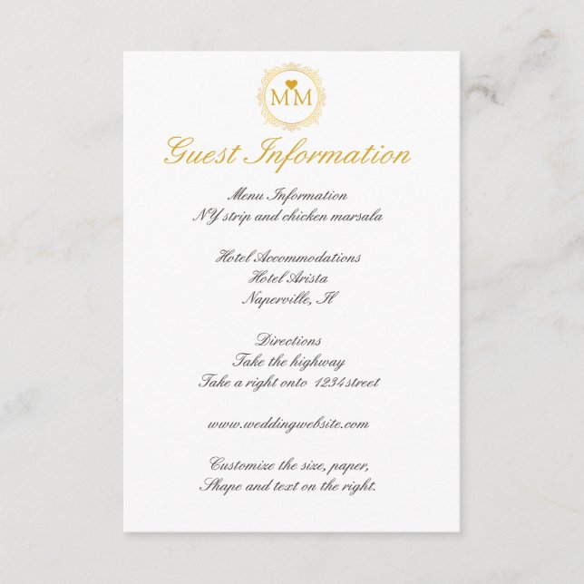 Royal Wedding Gold Script Guest Information Enclosure Card (Front)