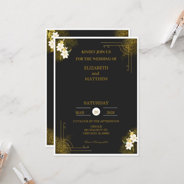 Royal wedding invitation in black and gold (Front/Back In Situ)
