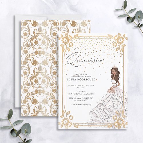 Royal White  Gold Dress Quinceanera Birthday Invitation