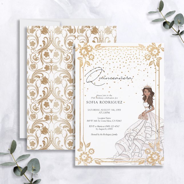 Royal White & Gold Dress Quinceanera Birthday Invitation