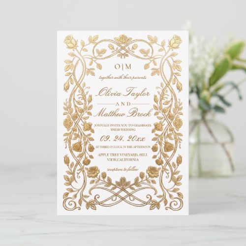 Royal White & Gold Faux Florals Ornate Wedding Invitation