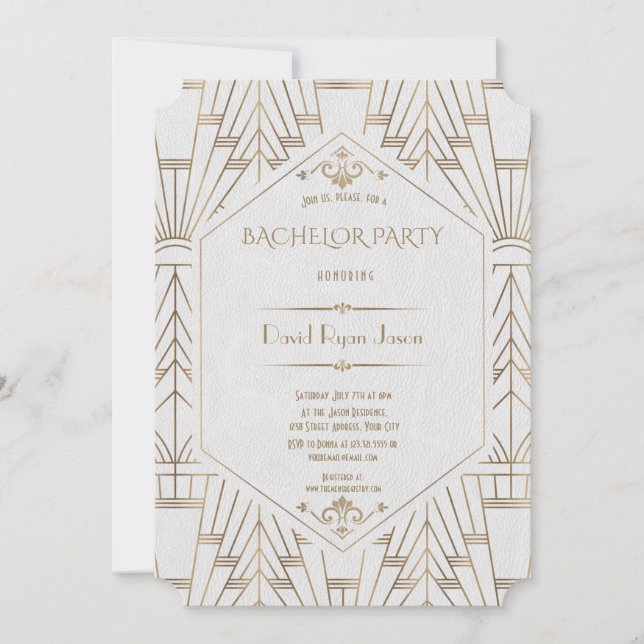 Royal White Gold Great Gatsby Bachelor Party Invitation (Front)