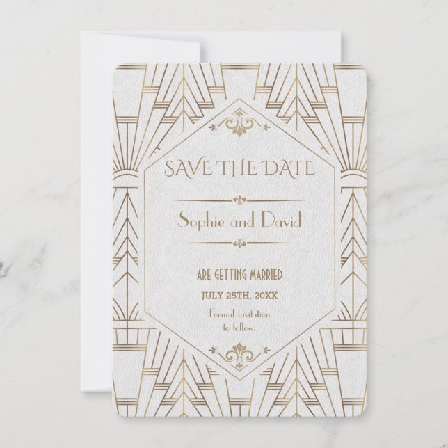 Royal White Gold Great Gatsby Save The Date Invitation (Front)