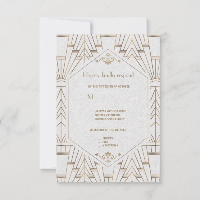 Royal White Gold Great Gatsby Wedding RSVP Card (Front)