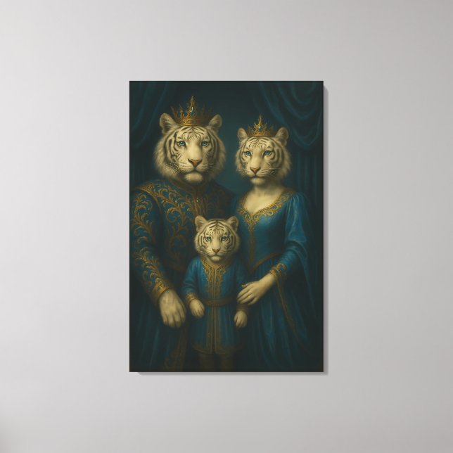 Royal White Tiger Family Portrait – Majestic Blue  Canvas Print (Front)