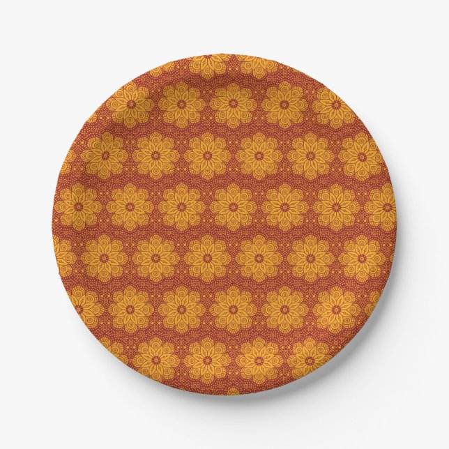 Royal yellow and red mandala pattern paper plates (Front)