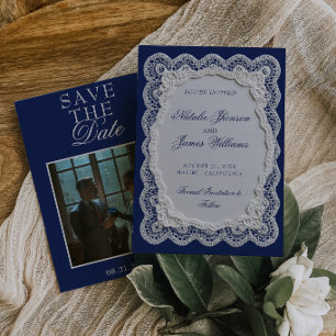 Royale Blue Lace Doily Old Money Photo Wedding Save The Date