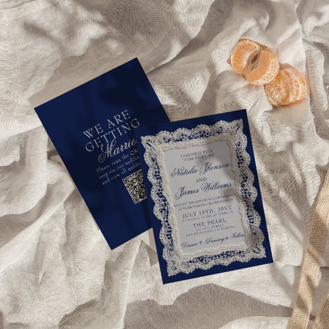 Royale Blue Lace Old Money Doily QR Code Wedding Invitation (Creator Uploaded)