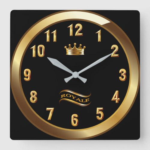 Royale Crown Classic  Gold On Black  Unique  Square Wall Clock