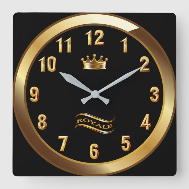 Royale Crown Classic ~ Gold On Black ~ Unique ~ Square Wall Clock (Front)
