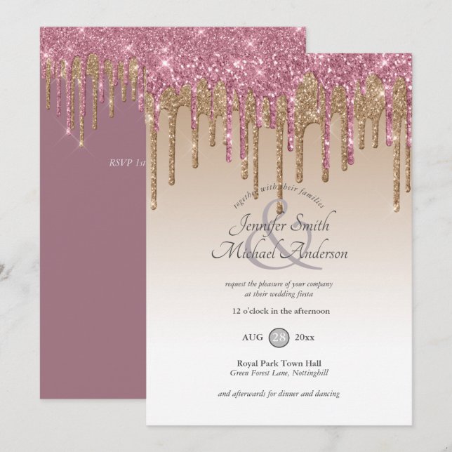 RoyalElegance PINK GOLD Dripping Glitter Wedding Invitation (Front/Back)