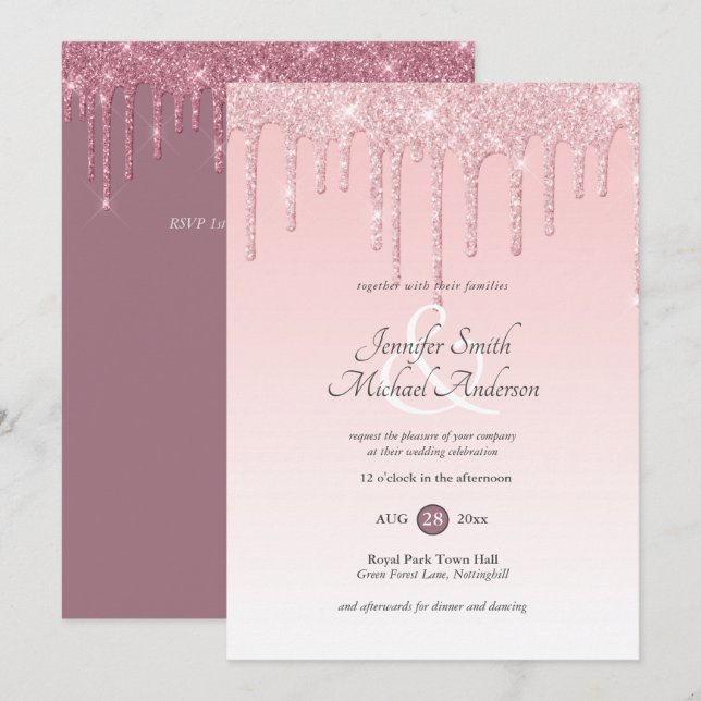 RoyalElegance PINK ROSE GOLD Glitter Drip Wedding Invitation (Front/Back)