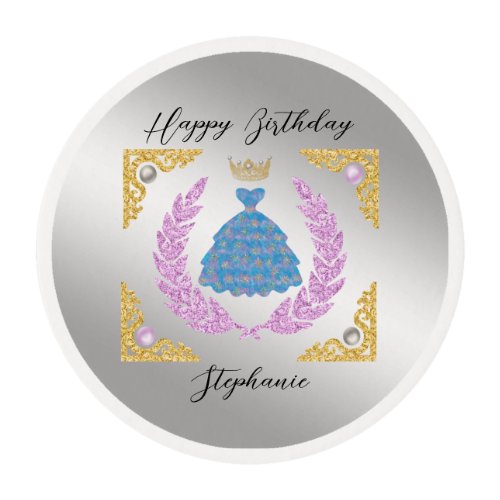 Royalty Princess Blue Gown  Gold Edible Frosting Rounds