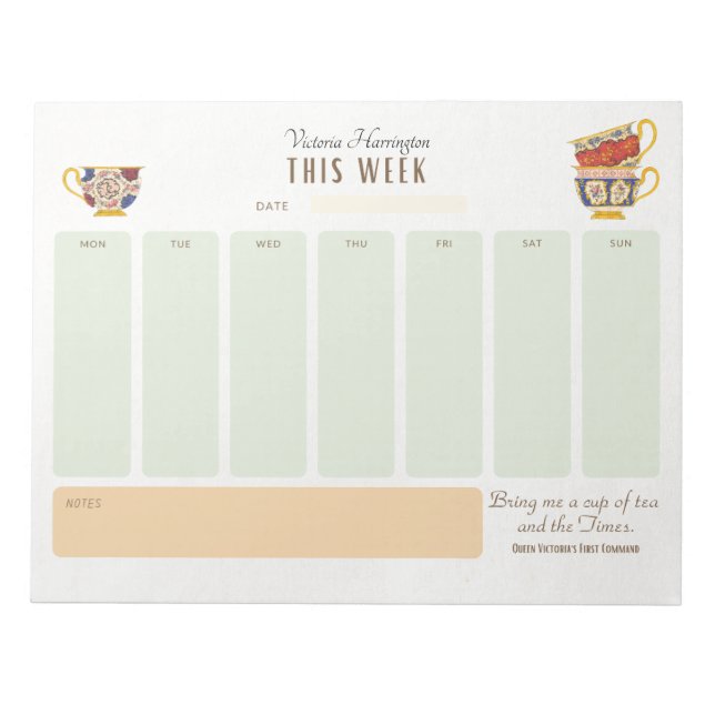 Royalty Tea Lover Personalized Weekly Planner Notepad (Front)