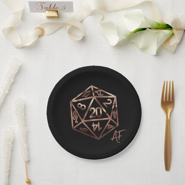 RPG Crit AF | Copper Fantasy Tabletop Gamer Dice Paper Plates (Wedding)