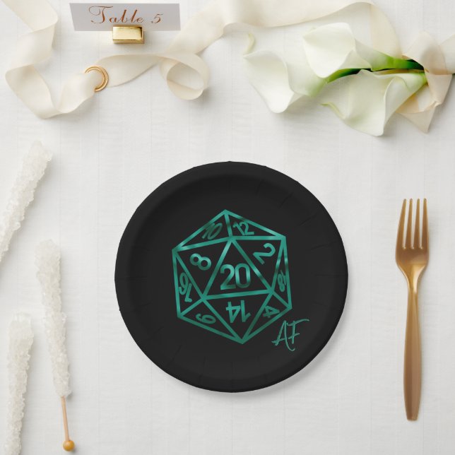 RPG Crit AF | Emerald Fantasy Tabletop Gamer Dice Paper Plates (Wedding)