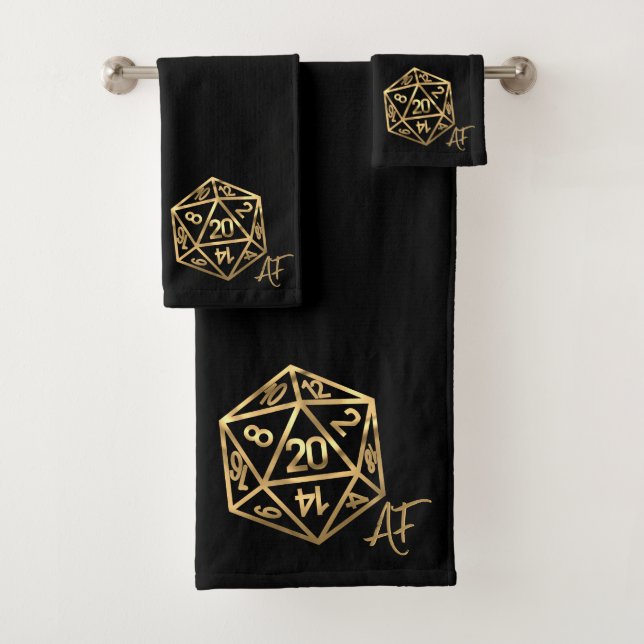 RPG Crit AF | Gold Fantasy Tabletop PnP Gamer Dice Bath Towel Set (Insitu)