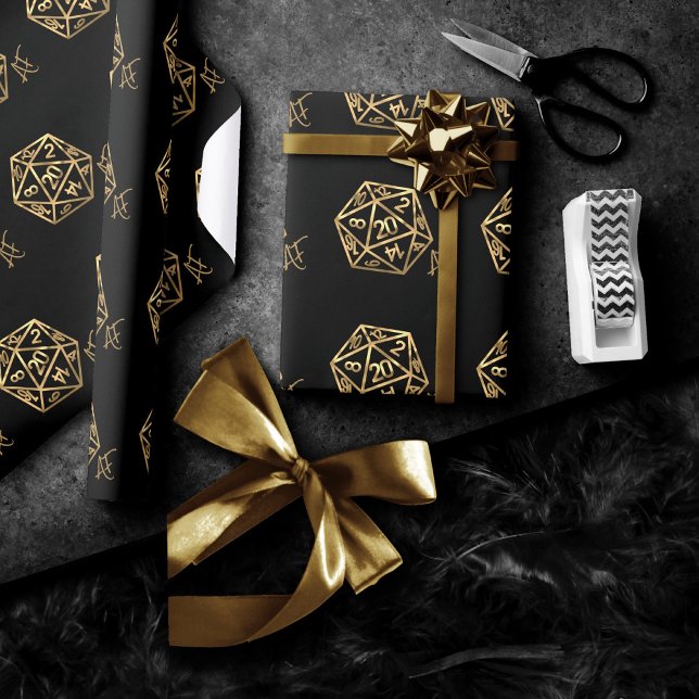 RPG Crit AF | Gold Retro Tabletop Roleplayer Dice Wrapping Paper (Creator Uploaded)