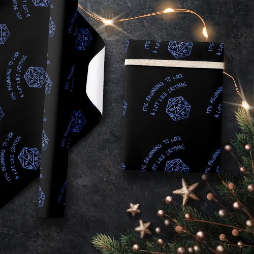 RPG Critmas  Blue Fantasy Tabletop Gamer Dice Wrapping Paper