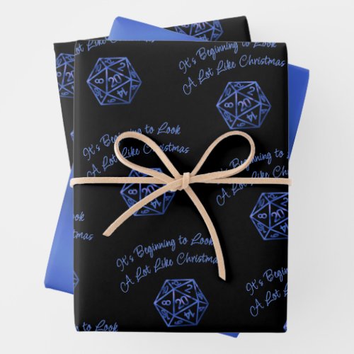 RPG Critmas  Blue Fantasy Tabletop Gamer Dice Wrapping Paper Sheets