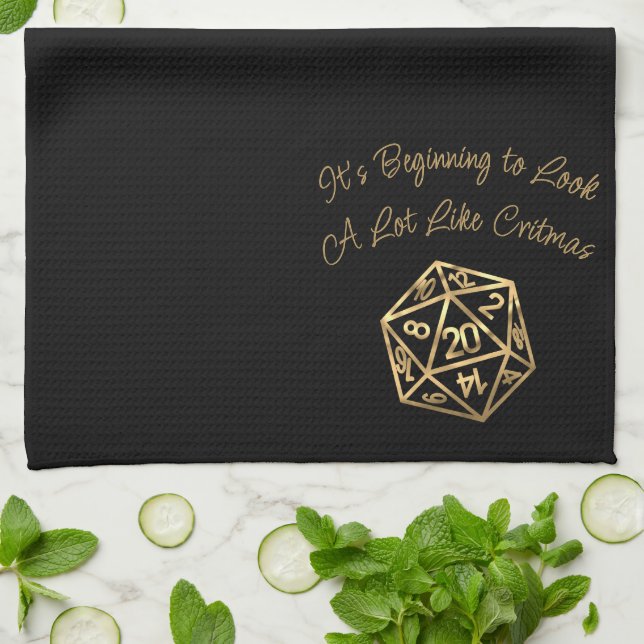 RPG Critmas | Gold Fantasy Tabletop Gamer Dice Kitchen Towel (Folded)