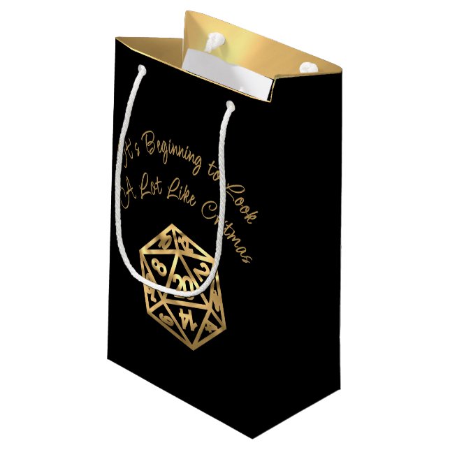 RPG Critmas | Gold Fantasy Tabletop Gamer Dice Small Gift Bag (Back Angled)