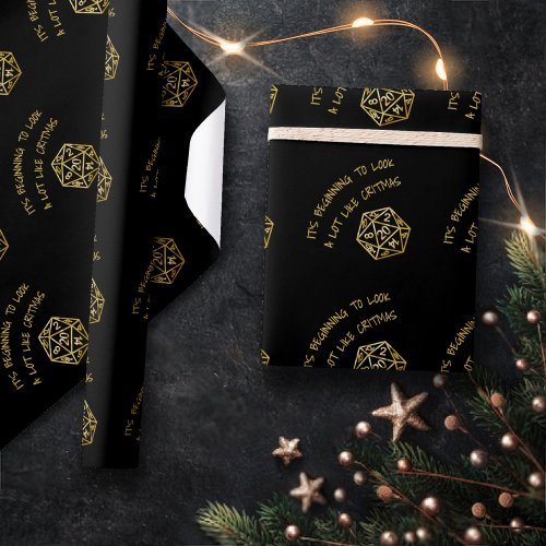 RPG Critmas Gold  Fantasy Tabletop Gamer Dice Wrapping Paper