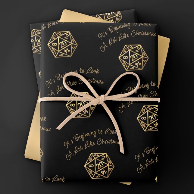 RPG Critmas | Gold Retro Tabletop Roleplayer Dice Wrapping Paper Sheets (Creator Uploaded)