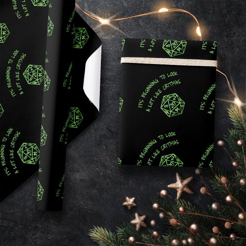 RPG Critmas Green  Fantasy Tabletop Gamer Dice Wrapping Paper