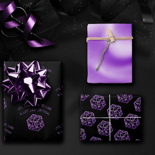 RPG Critmas Purple  Fantasy Tabletop Gamer Dice Wrapping Paper Sheets