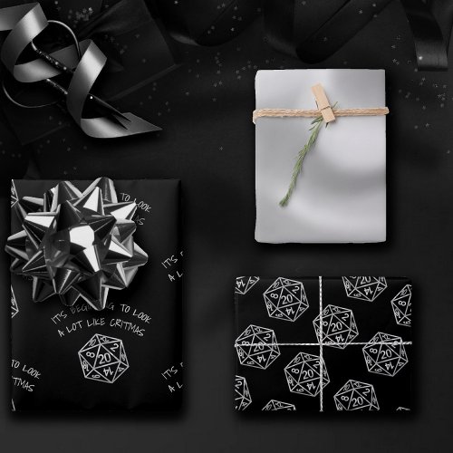 RPG Critmas Silver  Fantasy Tabletop Gamer Dice Wrapping Paper Sheets