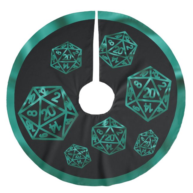 RPG Critmas | Teal Green Tabletop Retro Gamer Dice Brushed Polyester Tree Skirt (Front)