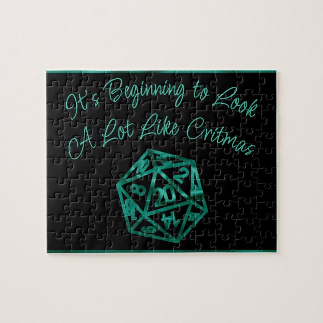 RPG Critmas | Teal Green Tabletop Retro Gamer Dice Jigsaw Puzzle (Horizontal)