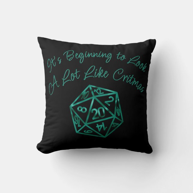 RPG Critmas | Teal Green Tabletop Retro Gamer Dice Throw Pillow (Front)