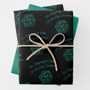 RPG Critmas Teal Green Tabletop Retro Gamer Dice Wrapping Paper Sheets