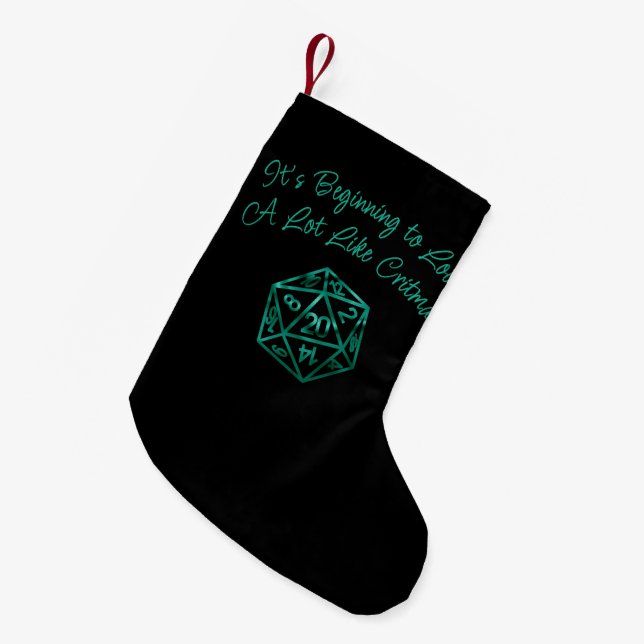 RPG Critmas | Teal Green Tabletop Roleplayer Dice Small Christmas Stocking (Front (Hanging))