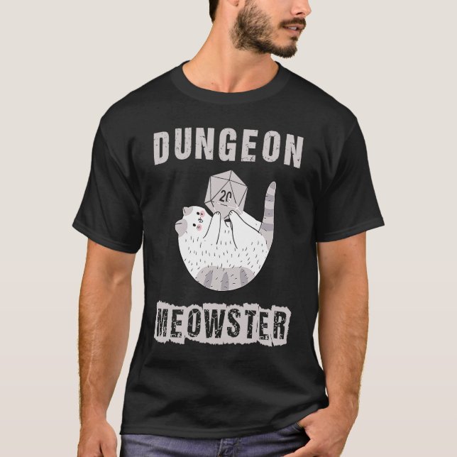 RPG Dice D20 Polyhedral from Nerdy Dungeon Meowste T-Shirt (Front)