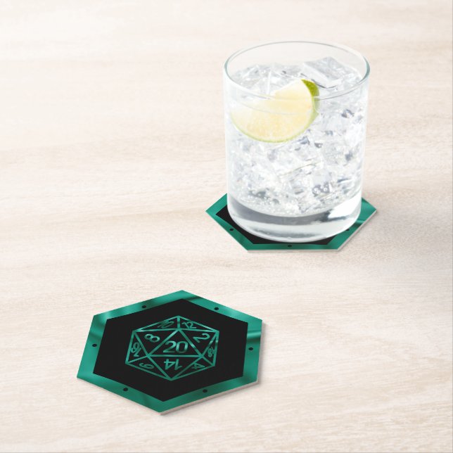 RPG Dice | Emerald Fantasy Tabletop Retro Gamer Paper Coaster (Insitu)