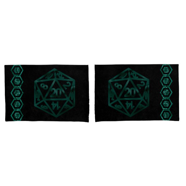 RPG Dice | Emerald Fantasy Tabletop Retro Gamer Pillow Case (Front-Set)
